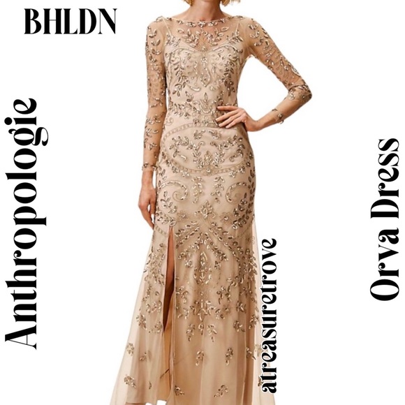 New BHLDN Orva 0 2 8 10 Gold Embellished Maxi MOB / MOG Wedding Gown - Picture 5 of 7